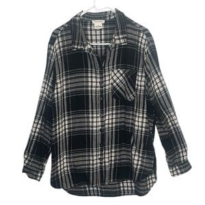 Beach Lunch Lounge Flannel Plaid Tunic Shirt Black White Button Up Shirt Size XL